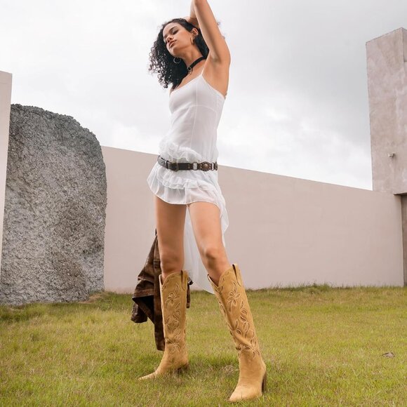 ⚡Women's Suede Brown Faux Leather Western Boots Pull On Tab Chunky Heel Design - Picture 4 of 7